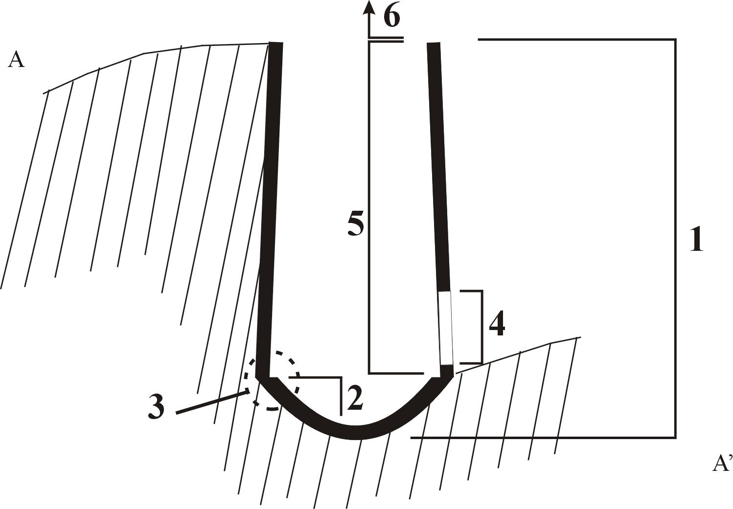 Seccin: 1. Forno de Cal ou Caleira // 2. Caldeira // 3. Zapata // 4. Boqueira // 5. Cmara de coccin // 6. Colmo -a pedra caliza que sobresae dende o borde superior-.